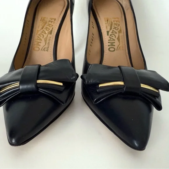 Salvatore Ferragamo Runa 100 Double Bow Leather Stiletto Heel Pointed Toe Pumps - Picture 5 of 14